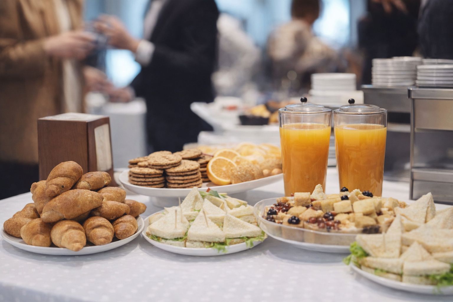 Frukostbuffé och fika för affärsmöte med croissanter, juice och snittar.